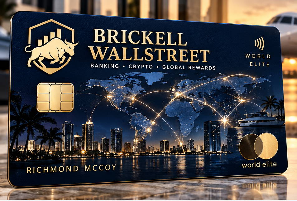 Brickell Wallstreet World Elite navy metal card with gold bull emblem and Miami skyline