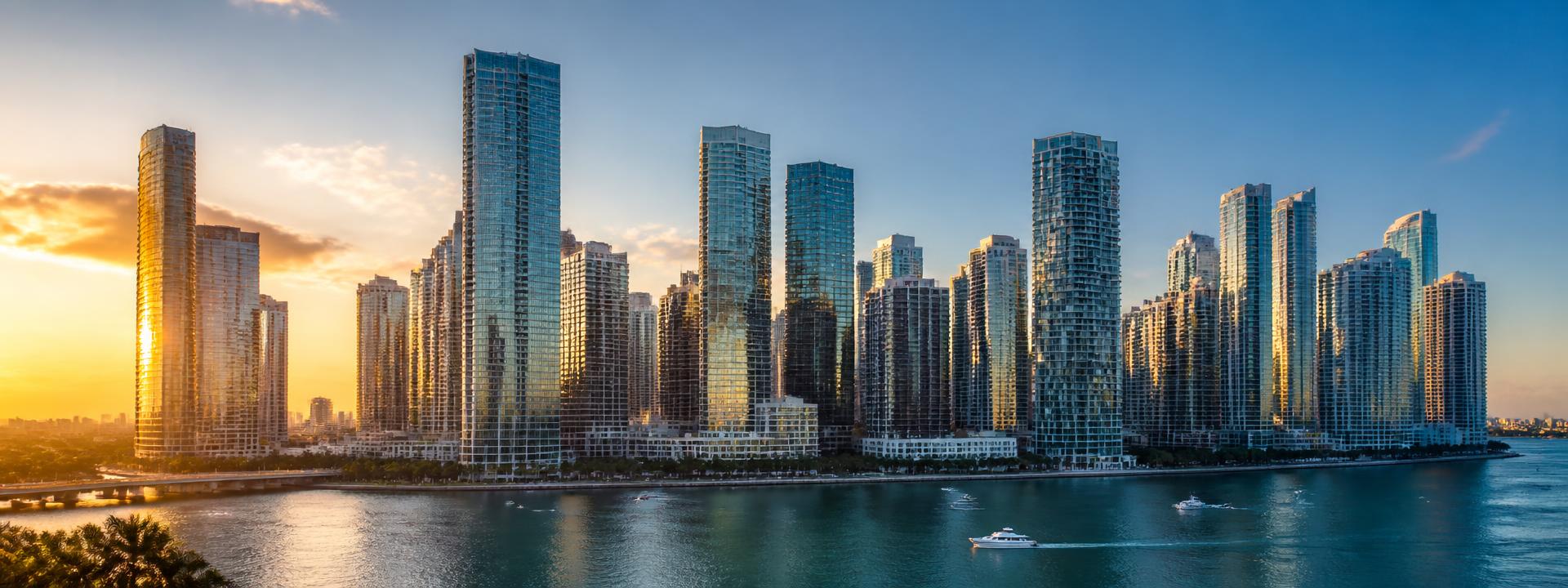 Brickell Miami skyline along Biscayne Bay at golden hour