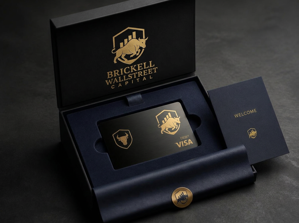 Brickell Wallstreet metal debit card presented in a black and navy luxury gift box
