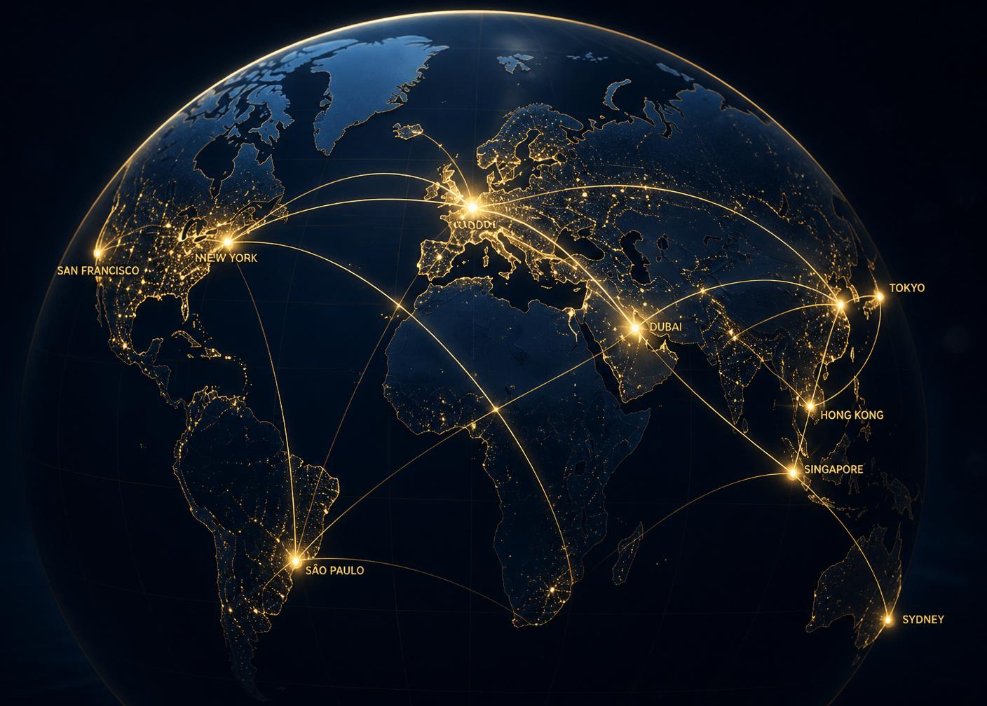 Illustration of a globe with glowing connections between global financial hubs