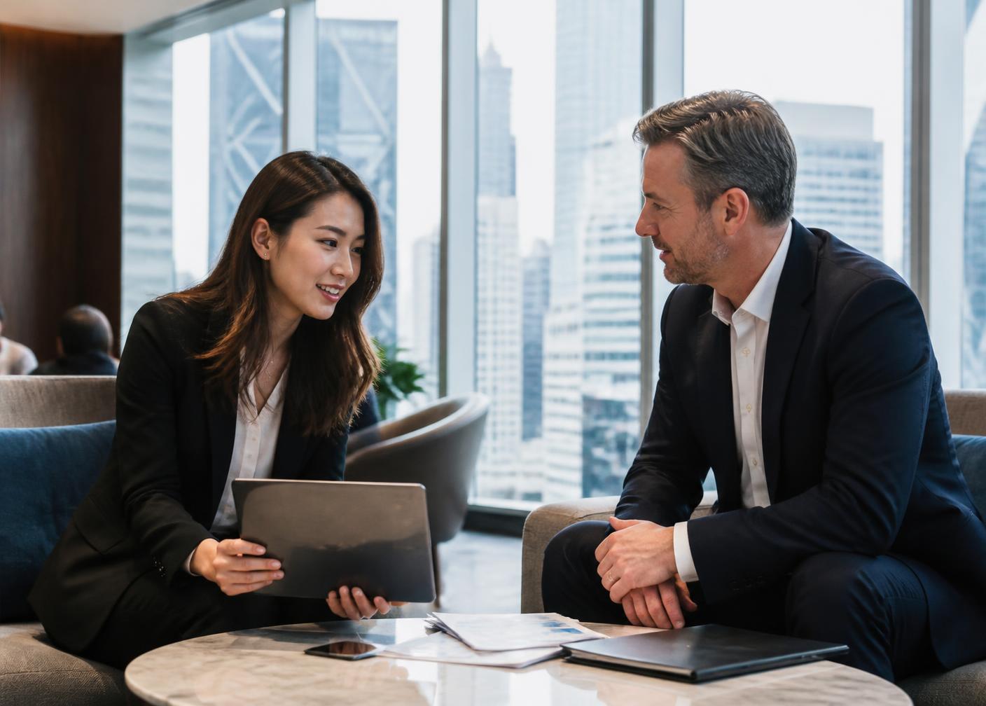 Private banking advisors meeting with a client in a high-rise lounge overlooking the city